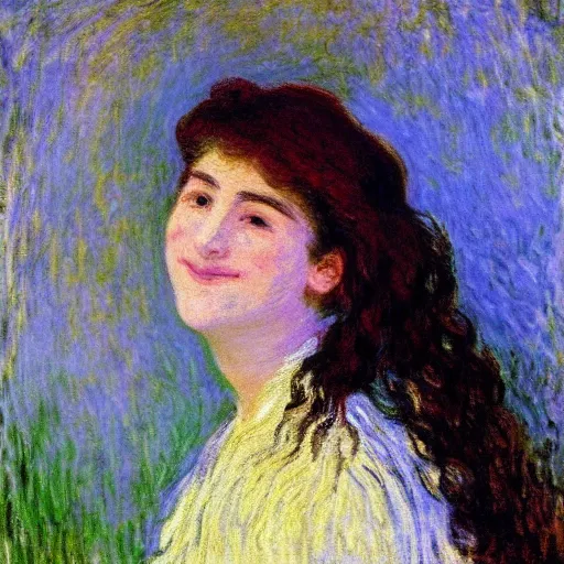Prompt: representation of a young woman with a happy face in the year 1875 by Claude Monet, french impressionist