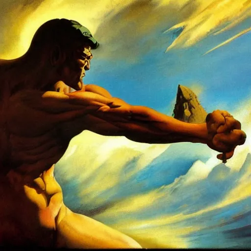 Prompt: painting of a giant cyclops staring down, cloudy sky, dynamic composition, low angle, harmonious colors, lights and shadows, frank frazetta