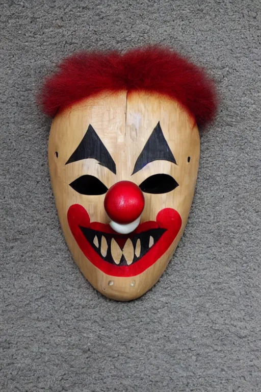 Prompt: wooden clown mask with fangs