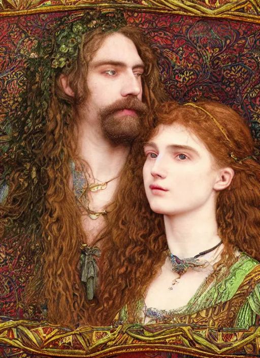 Prompt: colourful masterpiece of intricate detailed preraphaelite photography couple portrait sat down extreme closeup, love, inside a beautiful underwater train, man with long hair and long beard wearing glasses, woman with large lips eyes and straight fringe, detailed realistic expressions, unusual clothes, by ford madox brown and william powell frith and frederic leighton and john william waterhouse and greg hildebrandt and william morris