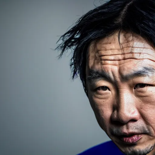 Image similar to a close up photographic portrait of a rugged asian actor wearing wet weather gear looking worried taken by annie leibowitz. cinematic lighting, blue background colour, 5 0 mm, subsurface scatter.