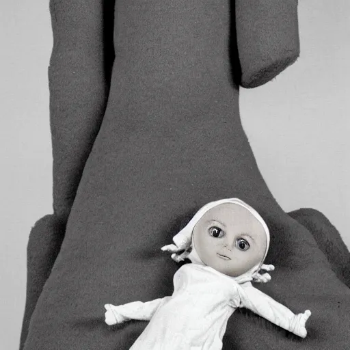 Image similar to a tall and lanky anthropomorphic humanoid figure made up of various baby dolls. the figure has its head slightly tilted to the side staring at the camera. black and white photo. surrealism.