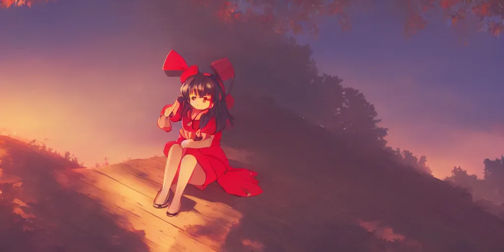 Image similar to reimu sitting on a hill off to the side looking down upon swedish town, during dawn, cinematic, very warm colors, intense shadows, anime illustration, anime screenshot composite background