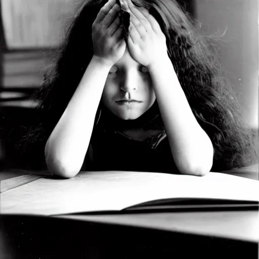 Prompt: young girl sits at the desk with her arms around her head and cries, by Imogen Cunningham