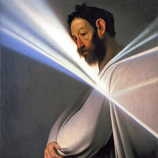 Prompt: painting portrait of a person with a bright light beam emanating rays of light and totally covering their head, matte painting, masterpiece, by Caravaggio