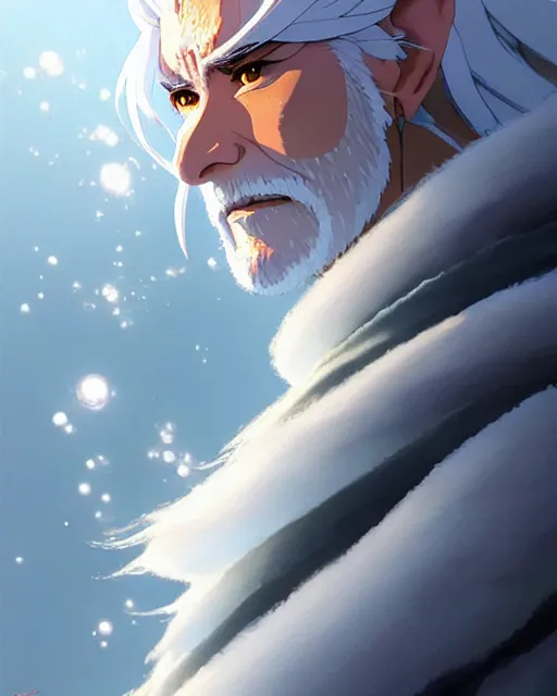 Image similar to himalayan mage with silver hair, detailed perfect face, exquisite details, fire magic, mid view, design on a white background, by studio muti, greg rutkowski makoto shinkai takashi takeuchi studio ghibli