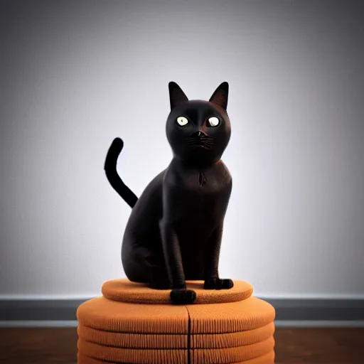 Image similar to 3 d rendered hyper realistic hyper detailed black cat wearing a cat - shaped darth vader helmet standing on a cat tower, octane render, blender, 8 k