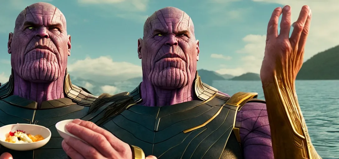 Prompt: a very high resolution image from a new movie. thanos eating sushi on a lake, photorealistic, photography, directed by wes anderson