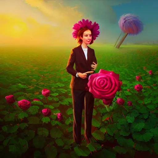 Image similar to giant rose flower head, frontal, girl in a suit, surreal photography, sunrise, dramatic light, impressionist painting, digital painting, artstation, simon stalenhag