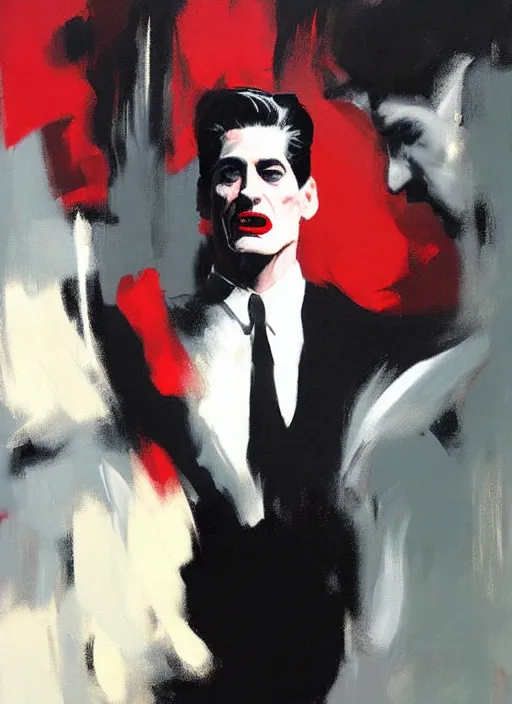 Prompt: dale cooper doppelganger, screaming, WHITE EYES! red curtains, painting by phil hale, 'action lines'!!!, graphic style, visible brushstrokes, motion blur, blurry