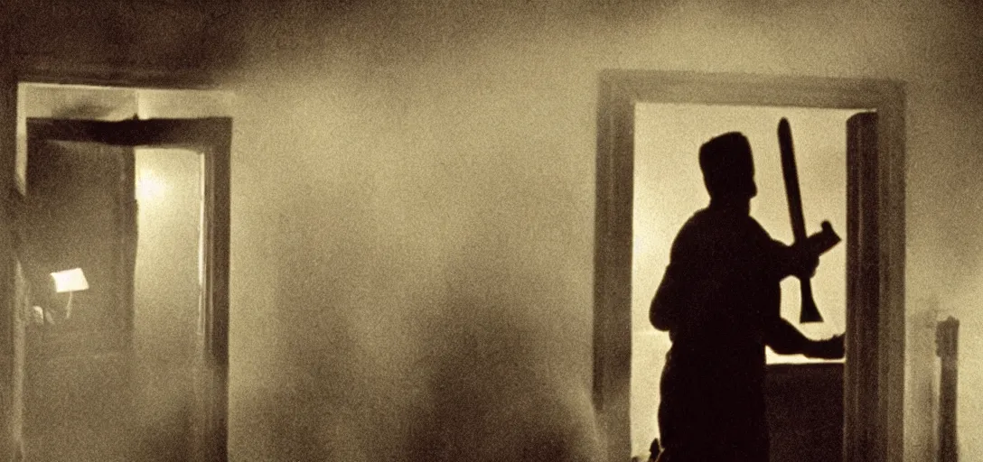 Image similar to jack nicolson breaking down door with an axe, foggy cinematic shot photo still from movie shining by stanley kubrik