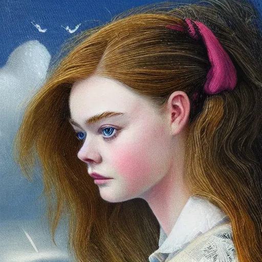 Prompt: professional painting of Elle Fanning in the style of Myles Birket Foster, head and shoulders portrait, symmetrical facial features, smooth, sharp focus, illustration, intricate, stormy weather, extremely detailed masterpiece,