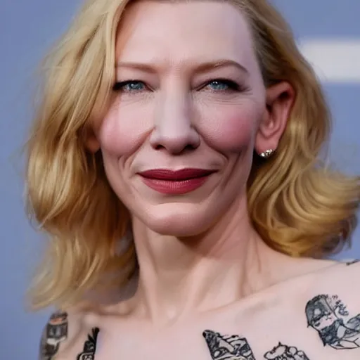 Image similar to high resolution portrait of cate blanchett with full body tattoo , highly detailed, photorealistic, 4k