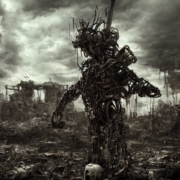 Prompt: gritty apocalyptic human - cyborg standing amongst destroyed machinery, hyper - detailed, sharp focus, 4 k ultra hd, fantasy dark art, apocalyptic art