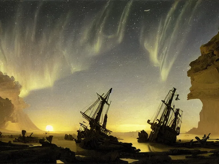 Image similar to an oil painting of an ancient shipwreck in the middle of an alien desert at dusk, aurora and stars light up the sky by carl spitzweg and tuomas korpi. baroque elements, full-length view. baroque element. intricate artwork by caravaggio. Trending on artstation. 8k