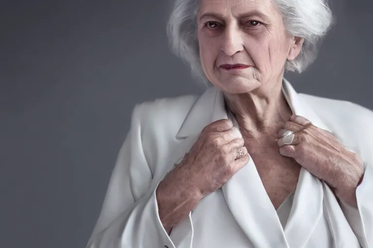 Image similar to a realistic studio cinematic headshot portrait of a beautiful old woman, wearing futuristic white suit, thunder, weather, 4 k, ultra realistic, dramatic lighting, vogue, fashion, by annie leibovitz