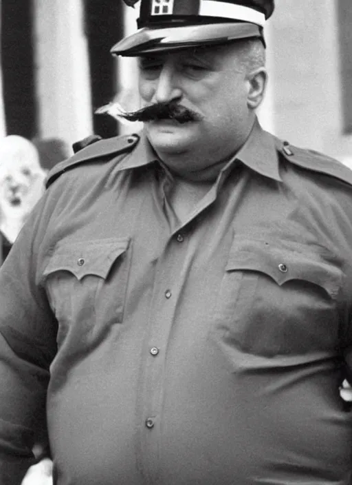 Image similar to a 1987 photo of a fat and bald Robert deniro with a mustache as a policeman, detailed