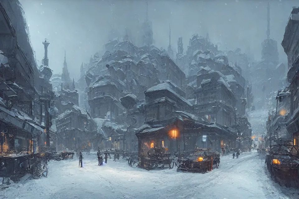 Image similar to highly detailed painting of dieselpunk stockholm, winter, snow, dystopia, by greg rutkowski, by raphael lacoste, 4 k resolution, trending on artstation