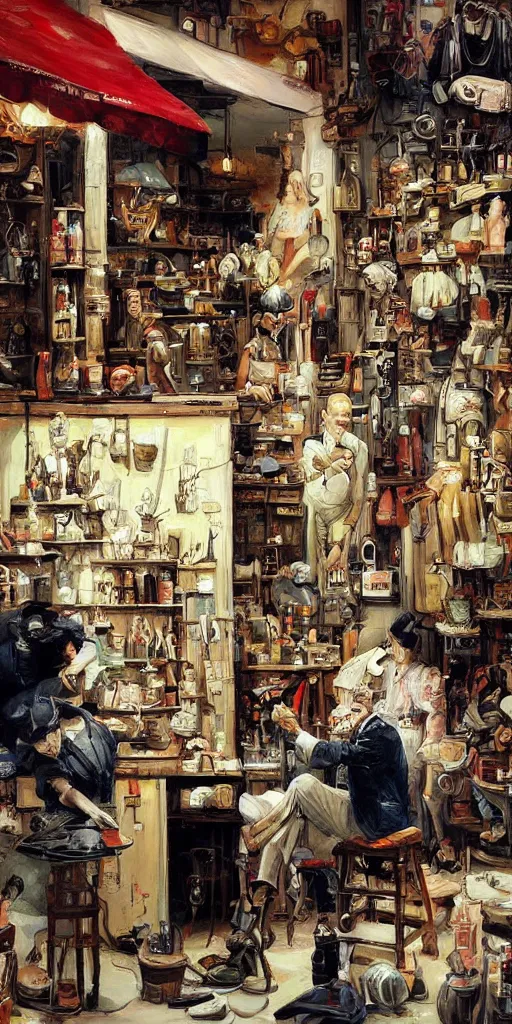 Image similar to oil painting scene from shoemaker's shop by kim jung gi