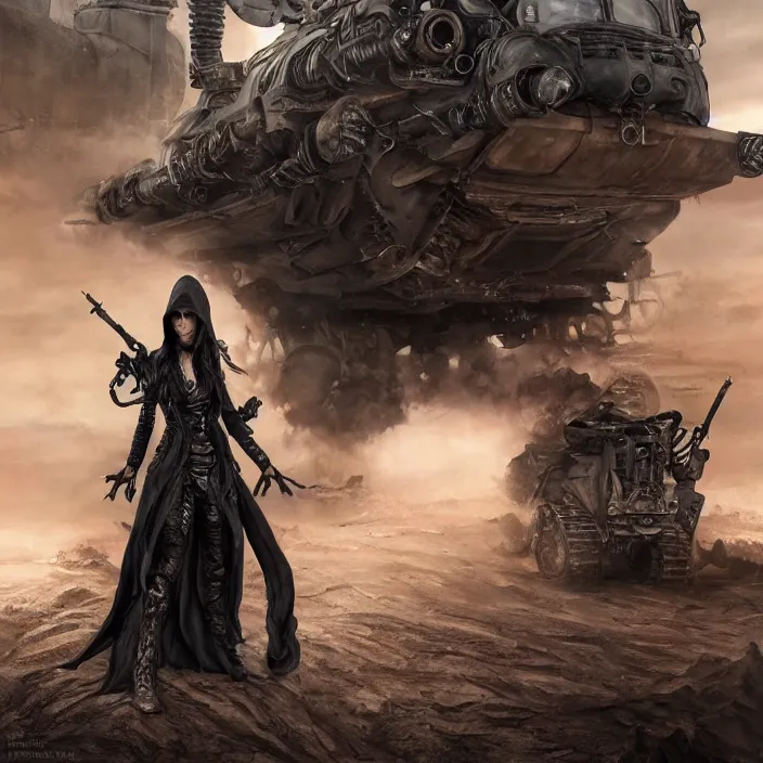 Image similar to beautiful apocalyptic woman in hooded cloak, standing on mad max panzer tank, hyper-detailed, smooth, sharp focus, 4k ultra hd, fantasy dark art, tank girl, artgerm, artstation, octane render, elegant, detailed digital painting, apocalyptic art