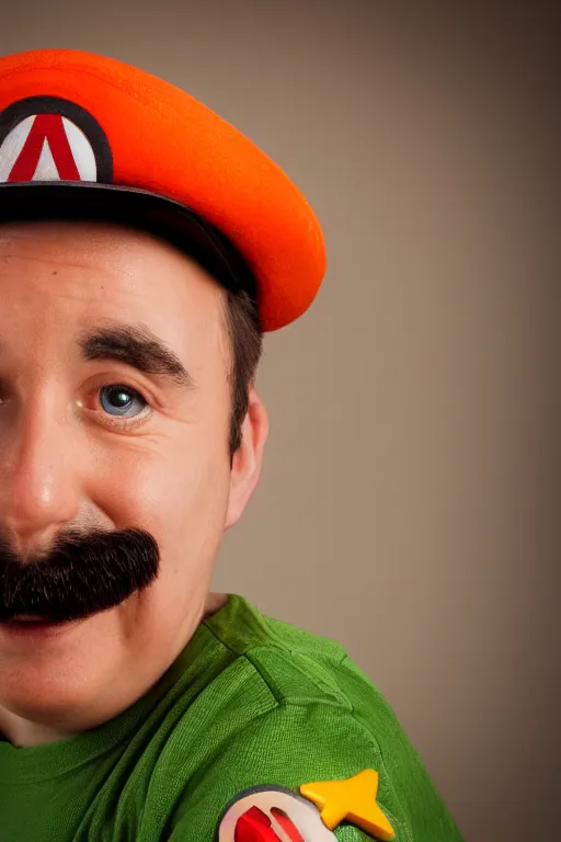 Prompt: real life Super Mario portrait photo, 30mm, bokeh, orange and green lighting, beautiful