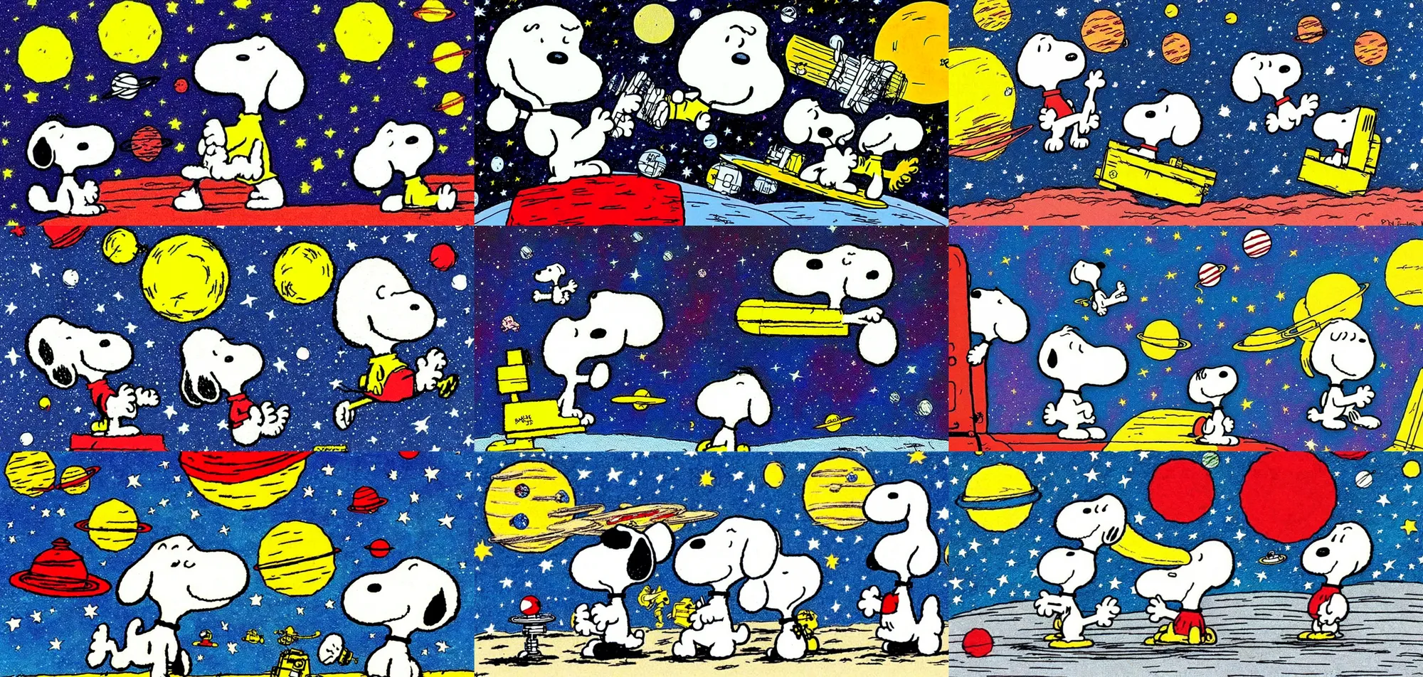 Prompt: snoopy in space drawn by bill watterson, very cute and dreamy and playful