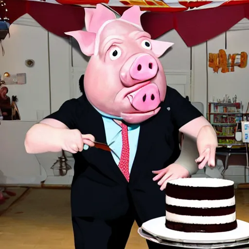 Prompt: pig man boris johnson attacking a cake