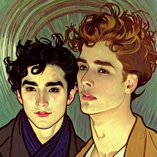 Image similar to painting of young cute handsome beautiful dark medium wavy hair man in his 2 0 s named shadow taehyung and cute handsome beautiful min - jun together at the halloween! party, bubbling cauldron!, candles!, smoke, autumn! colors, elegant, wearing suits!, delicate facial features, art by alphonse mucha, vincent van gogh, egon schiele