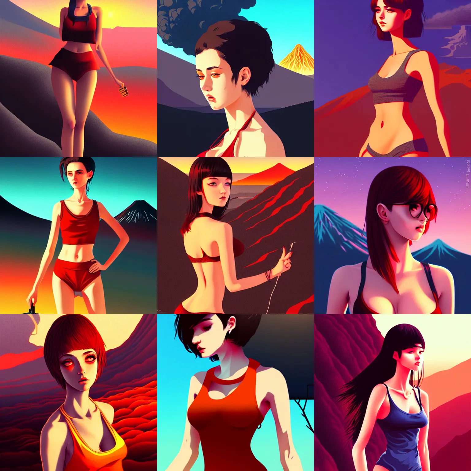 Prompt: sexy girl wearing a low cut tanktop, highly detailed, intricate, in the style of ilya kuvshinov, blazing infero, volcano landscape