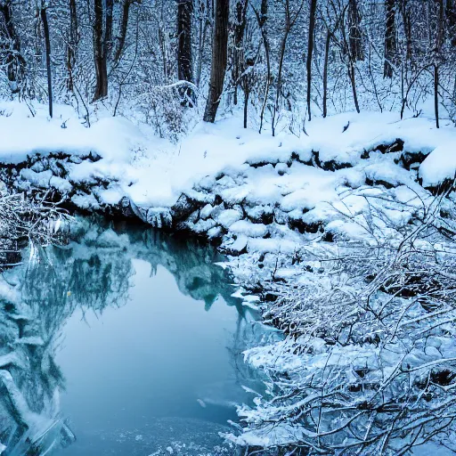 Prompt: Ice dragon in a snowy forest resting besides a pond, photograph, 4k,