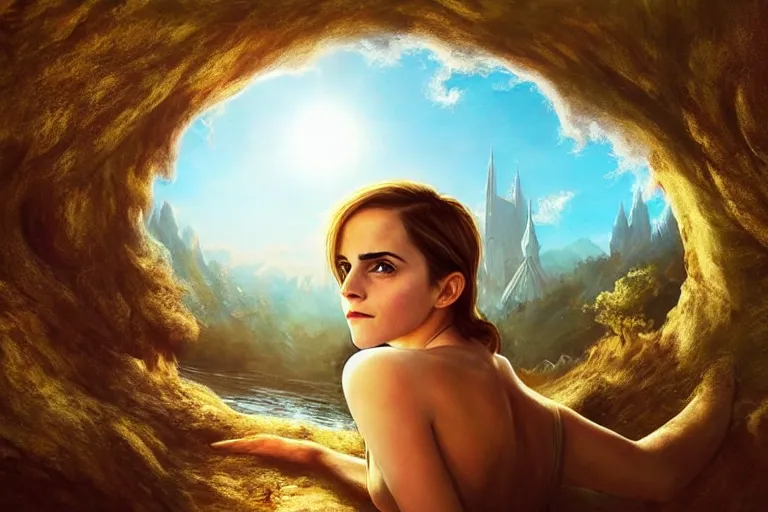 Prompt: emma watson, first person view, fantasy, painting, ultra realistic!!!, clear weather, golden hour, sharp focus