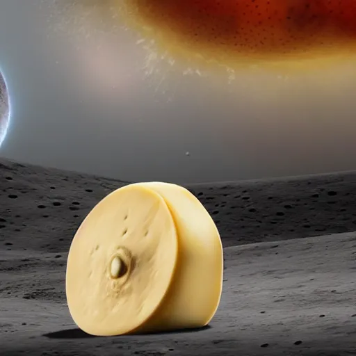 Image similar to a wheel of cheese is cycling fast on a bike on the surface of the moon and drives away from a huge and dangerousmushroom cloud of a nuclear explosion. photorealistic