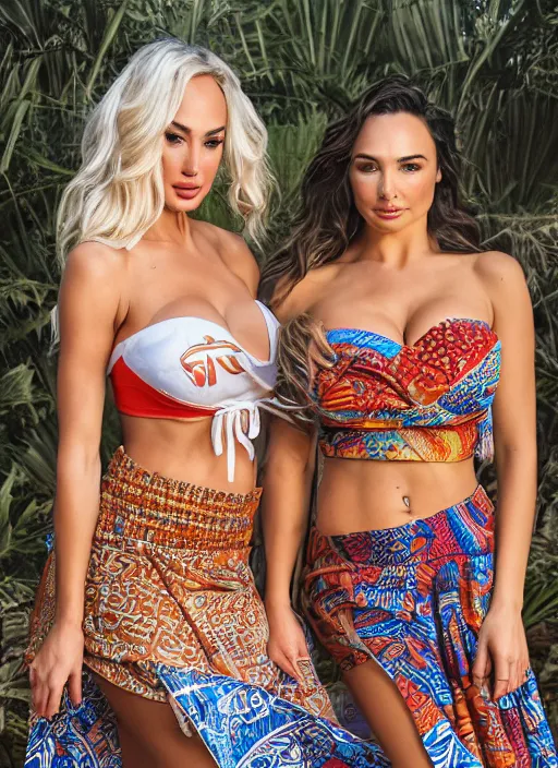 Prompt: portrait of lindsey pelas and gal gadot wearing batik tube top and sarong skirt, by charlotte grimm, natural light, detailed face, beautiful features, symmetrical, canon eos c 3 0 0, ƒ 1. 8, 3 5 mm, 8 k, medium - format print, half body shot