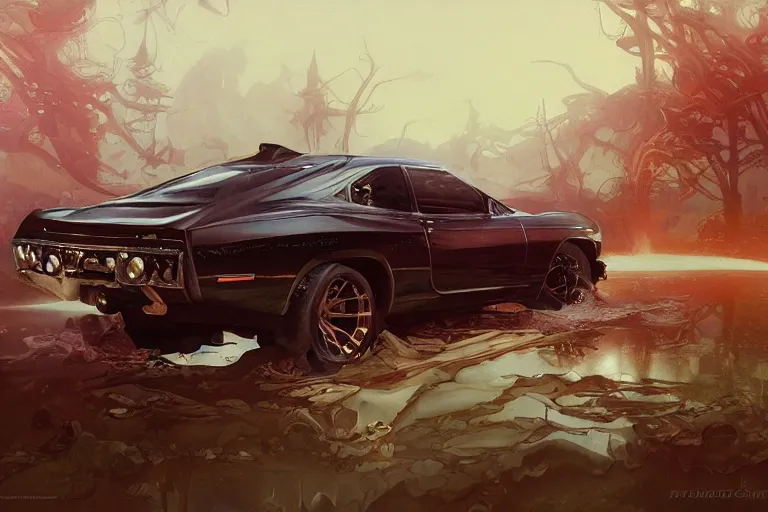 Image similar to The general Lee car, fantasy, elegant, intricate, highly detailed, digital painting, artstation, concept art, sharp focus, illustration, art by artgerm and greg rutkowski and alphonse mucha