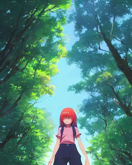 Prompt: a girl wearing a backpack standing in a path on her tiptoes looking up and around. Trees, shady, bob hairstyle. Vibrant colors. Anime, by Makoto Shinkai, Stanley Artgerm Lau, WLOP, Rossdraws, James Jean, Andrei Riabovitchev, Marc Simonetti, krenz cushart, Sakimichan, trending on ArtStation, digital art.