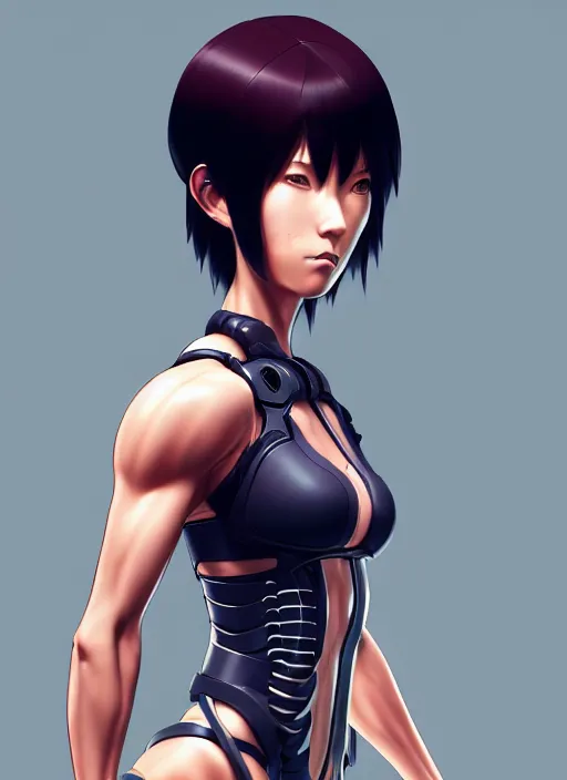 Image similar to color digital pen lineart sketch of athletic partially - biomechanical motoko kusanagi, by gnomon, by ilya kuvshinov, trending on pixiv fanbox, by weta digital, octane render