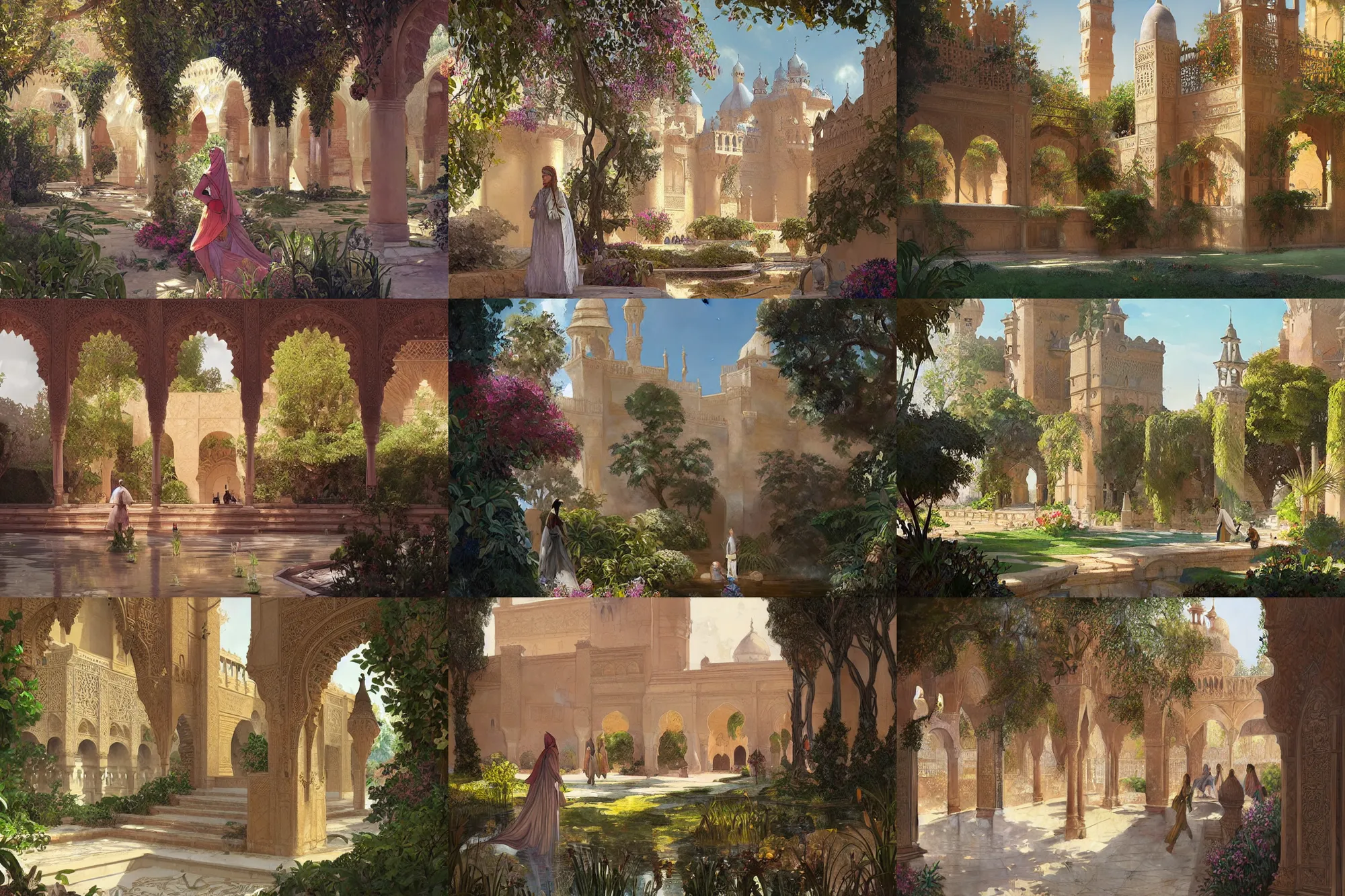 Prompt: almohad palace gardens, highly detailed, digital painting, artstation, concept art, sharp focus, illustration, art by artgerm and greg rutkowski and alphonse mucha