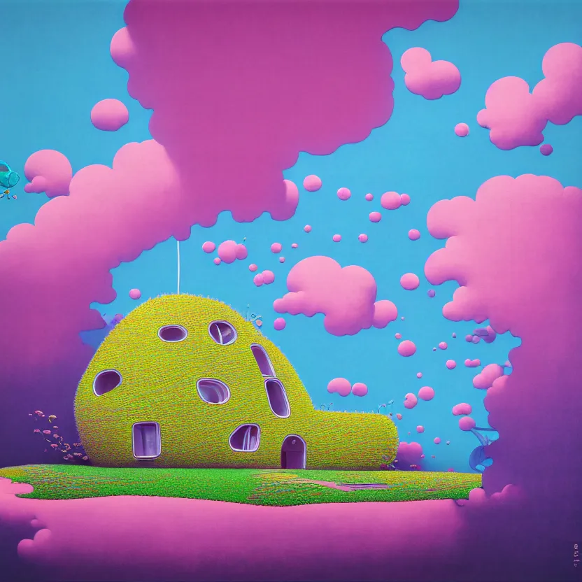 Prompt: house by toyo ito, white sea cloud, summer morning, very coherent and colorful high contrast, art by! gediminas pranckevicius! geof darrow, pastel color, volumetric lighting, cinematic, floralpunk screen printing woodblock, dark shadows, hard lighting, stippling art