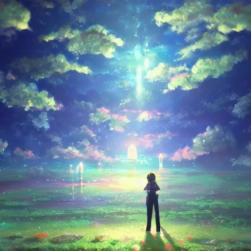 Image similar to a heavenly dream view from the interior of my cozy dream world filled with color from a Makoto Shinkai oil on canvas inspired pixiv dreamy scenery art majestic fantasy scenery fantasy pixiv scenery art inspired by magical fantasy exterior illumination of awe and wonderful magical lantern world