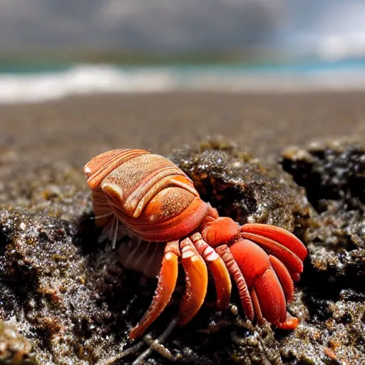 Prompt: Detailed 4k photo of a Hermit crab with a curly mustache on the beach, afternoon