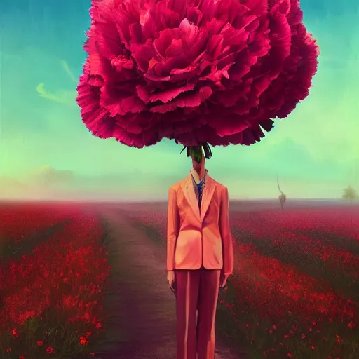 Image similar to giant carnation flower head, frontal, girl in a suit, surreal photography, sunrise, dramatic light, impressionist painting, digital painting, artstation, simon stalenhag