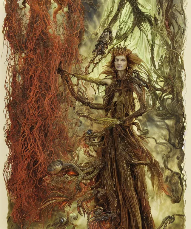 Prompt: a portrait photograph of a fierce jessica chastain as an alien harpy queen with slimy amphibian skin. she is trying on evil bulbous slimy organic membrane fetish fashion and transforming into a fiery succubus amphibian wasp. by donato giancola, walton ford, ernst haeckel, brian froud, hr giger. 8 k, cgsociety