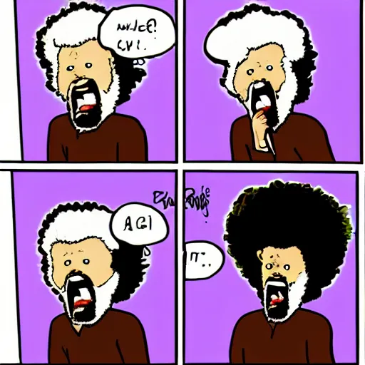 Prompt: angry bob ross screaming at laptop comic strip