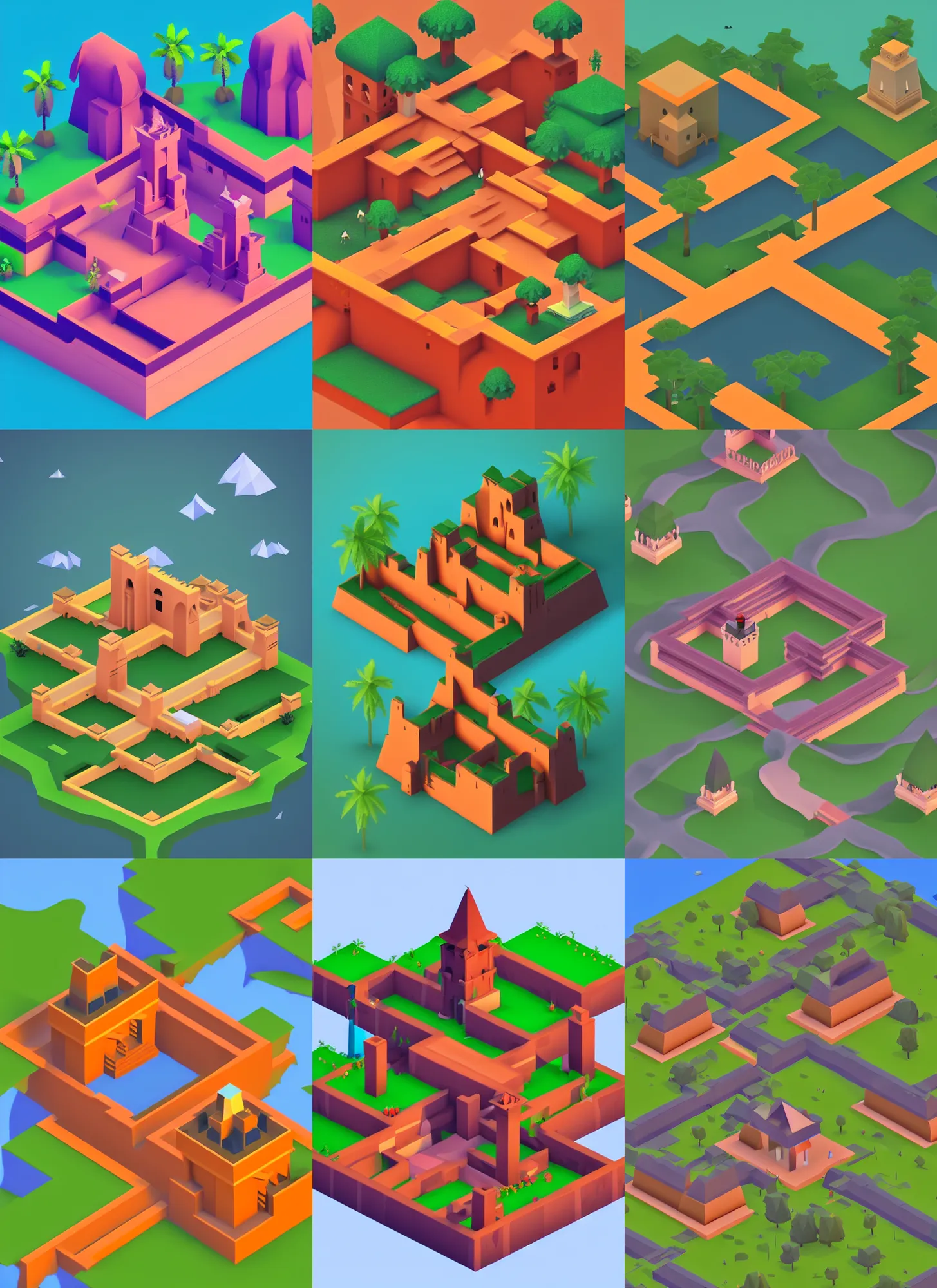 Prompt: a low poly isometric render of kerala village in the style of monument valley