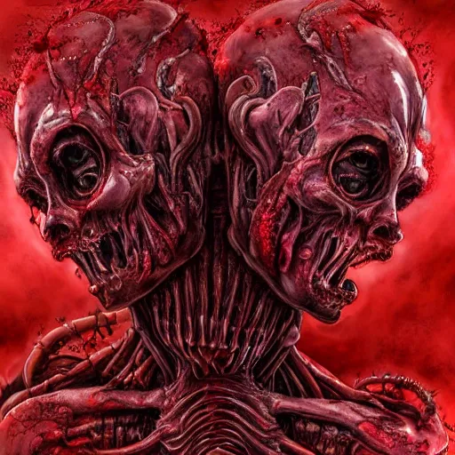 Image similar to conjoined demon twins emerging from corpses in a red hellscape covered in blood by Yoshitaka Amano, by HR Giger, biomechanical, 4k, hyper detailed, hyperrealism, anime, red sky, blood and body parts, deviantart, artstation