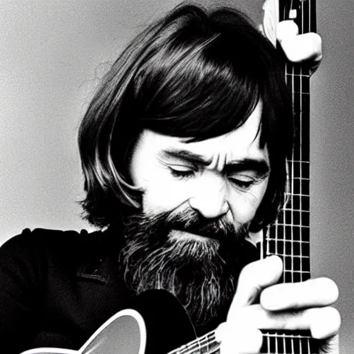 Prompt: charles manson playing guitar with the beatles, high quality photography, realistic, detailed, uncropped, realistic face,