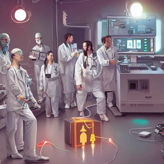 Image similar to engineers and scientists in labcoats confront a malevolent computer, glowing digital runes, panic, ross tran, ( futurism ), rhads!!!, james gurney, ( art fitzpatrick ), ( asaf hanuka ), ( ( barclay shaw ) ), ominous, saturday morning cartoon, clean linework, western animation