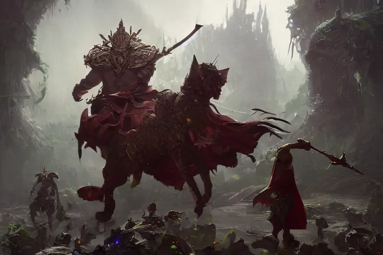 Image similar to ay cat wearing a crown and cape wielding a scepter fighting a muscular tunisian man wearing shrubbery, fantasy, digital painting, volumetric light, intricate, sharp, focus, bloom, illustration, highly detailed, concept art, matte, ruan jia, randy vargas, greg rutkowski