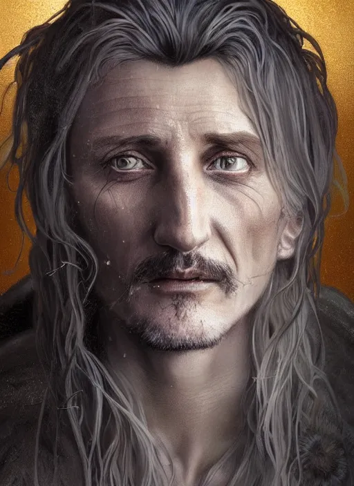 Image similar to Portrait of Sean Penn, white glowing eyes, silver shaggy hair, cloak, ethereal wings, male, fantasy, extremely detailed, digital painting, artstation, concept art, smooth, sharp focus, illustration, stunning lighting, art by artgerm and alphonse mucha and simon stalenhag, realistic character concept, high fantasy, light atmosphere, golden ratio, cinematic lighting, hyperdetailed, high resolution, insanely detailed and intricate, Marc Simonetti, Greg Rutkowski, 8k