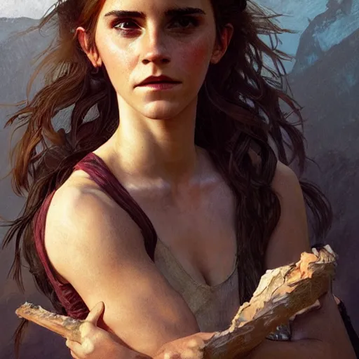 Prompt: Emma watson as a woman in the Paleolithic period, intricate, highly detailed, digital painting, artstation, concept art, sharp focus, illustration, art by greg rutkowski and alphonse mucha